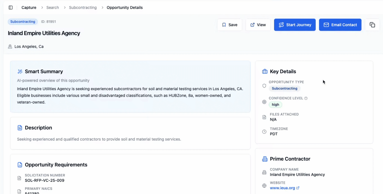 SamSearch subcontracting record showing prime contractor contact information for federal subcontracting outreach